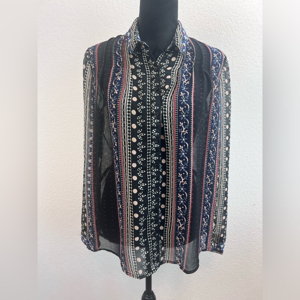 Free People Sheer Black Floral Button Up Long Sleeve Top Size Small